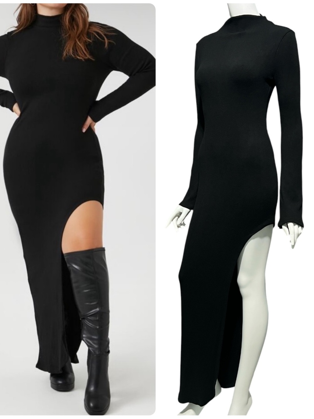 Black Long Sleeve Mock Neck Maxi Sweater Knit Dress with High Slit Small NWT
